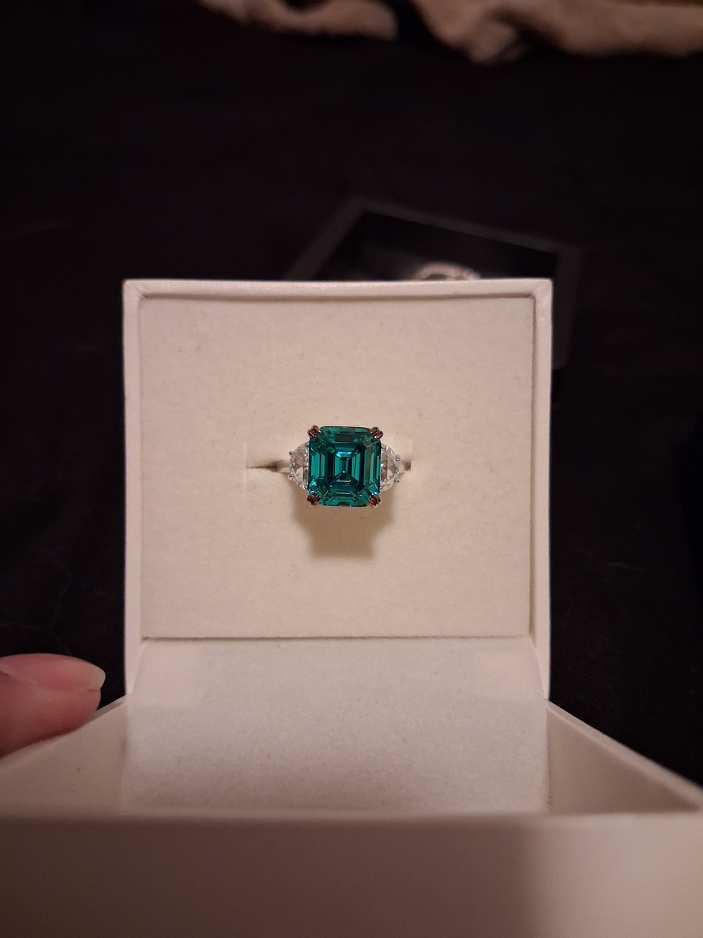 Emerald-Cut Teal Stone Ring with Side Accents - Women Jewelry
